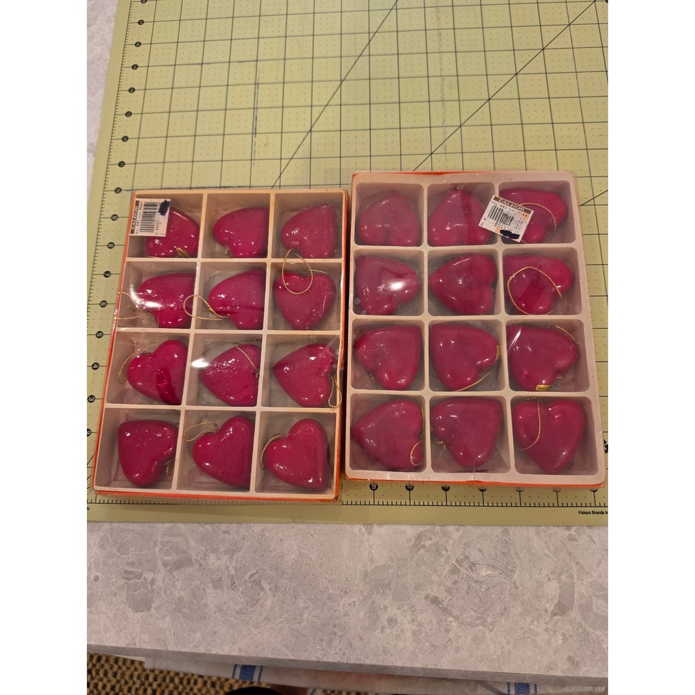 Vintage Caldor Pink Heart Ornaments Set of 24 Glossy Magenta Valentines Decor